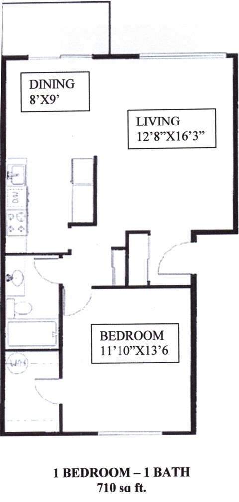 Floor plan for 1 bed, 1 bath, 710 sqft